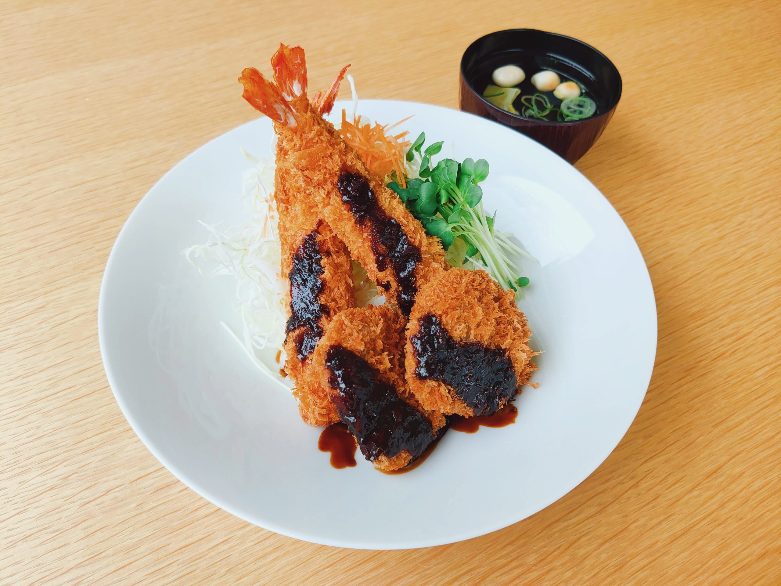 Nagoya miso katsudon (fried shrimp with two kinds of fillet cutlet) with soup