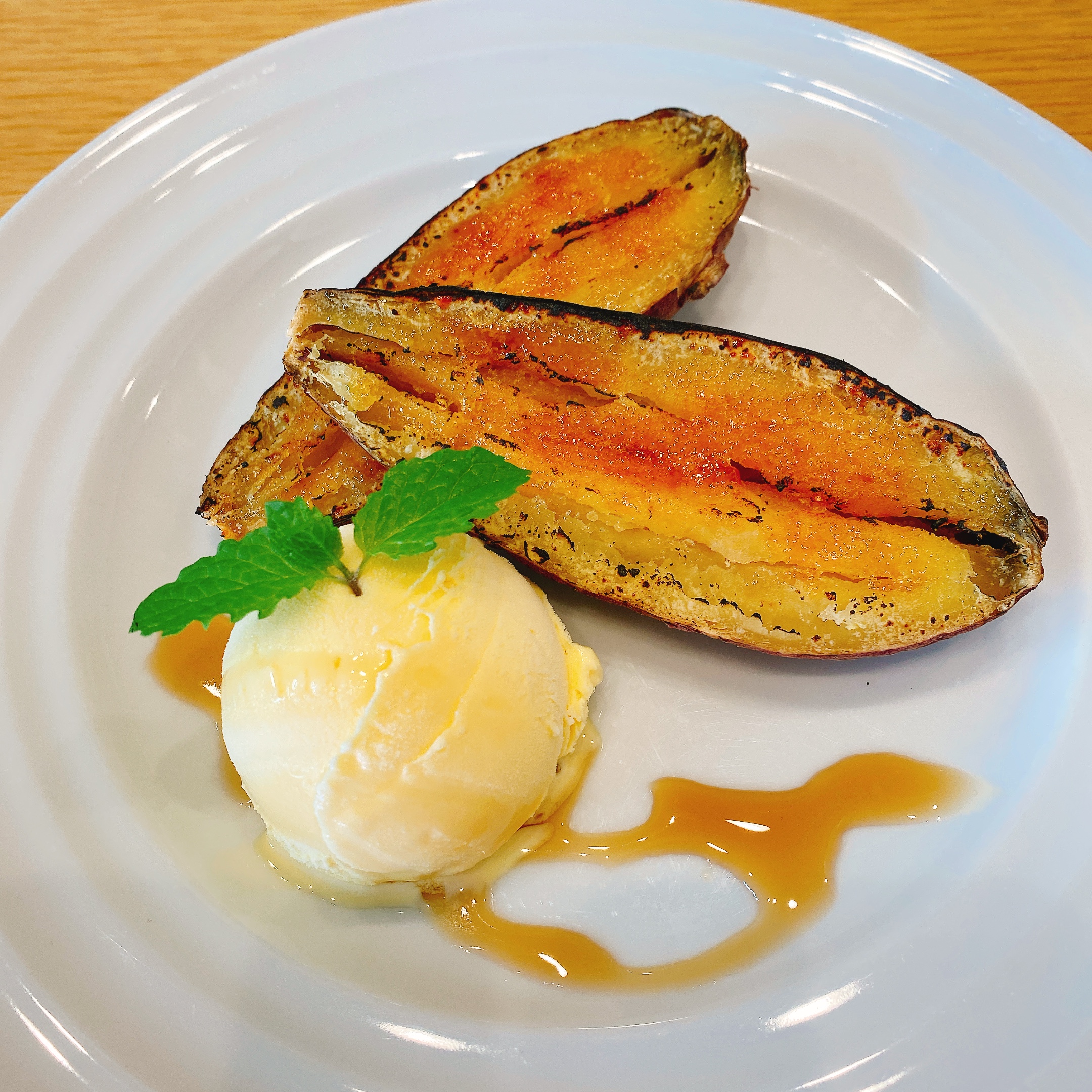 Baked sweet potato brulee with vanilla ice cream